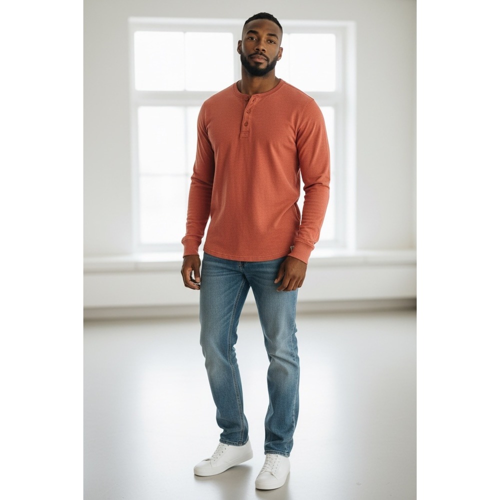 Lucky Brand‎ Mens Medium Orange Red Long Sleeve Henley Shirt Cotton Blend